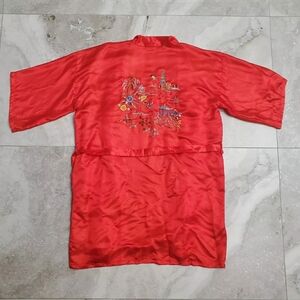 Vintage Ancient Dragon Yandu Embroidery Factory Red Silk Kimono Robe XL